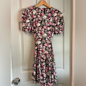DBY Juniors 3 Vintage 80s Pink Floral Drop Waist Belted Puff Sleeve Mini Dress
